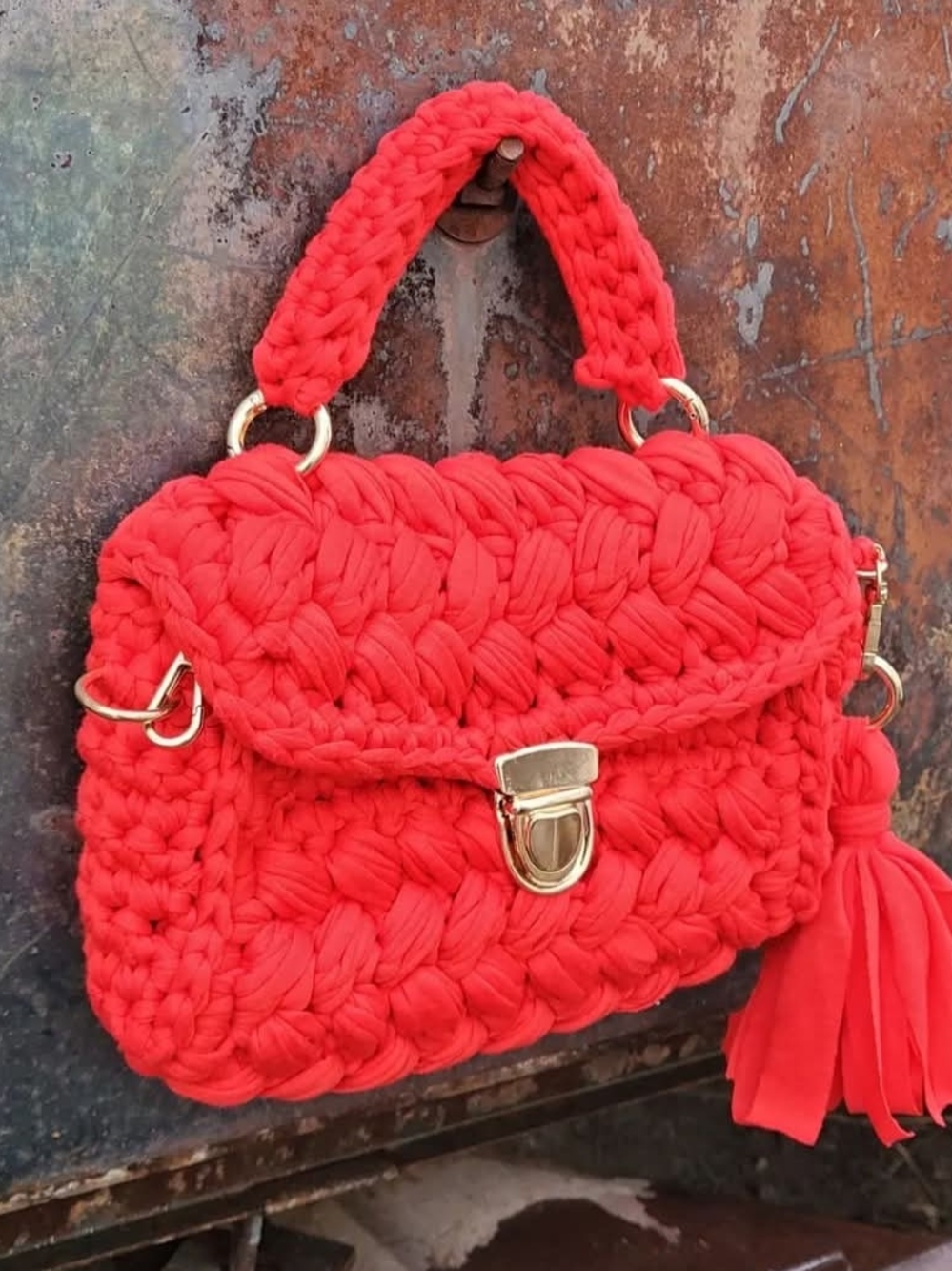 Handmade Crochet Shoulder Bag with Gold Hardware